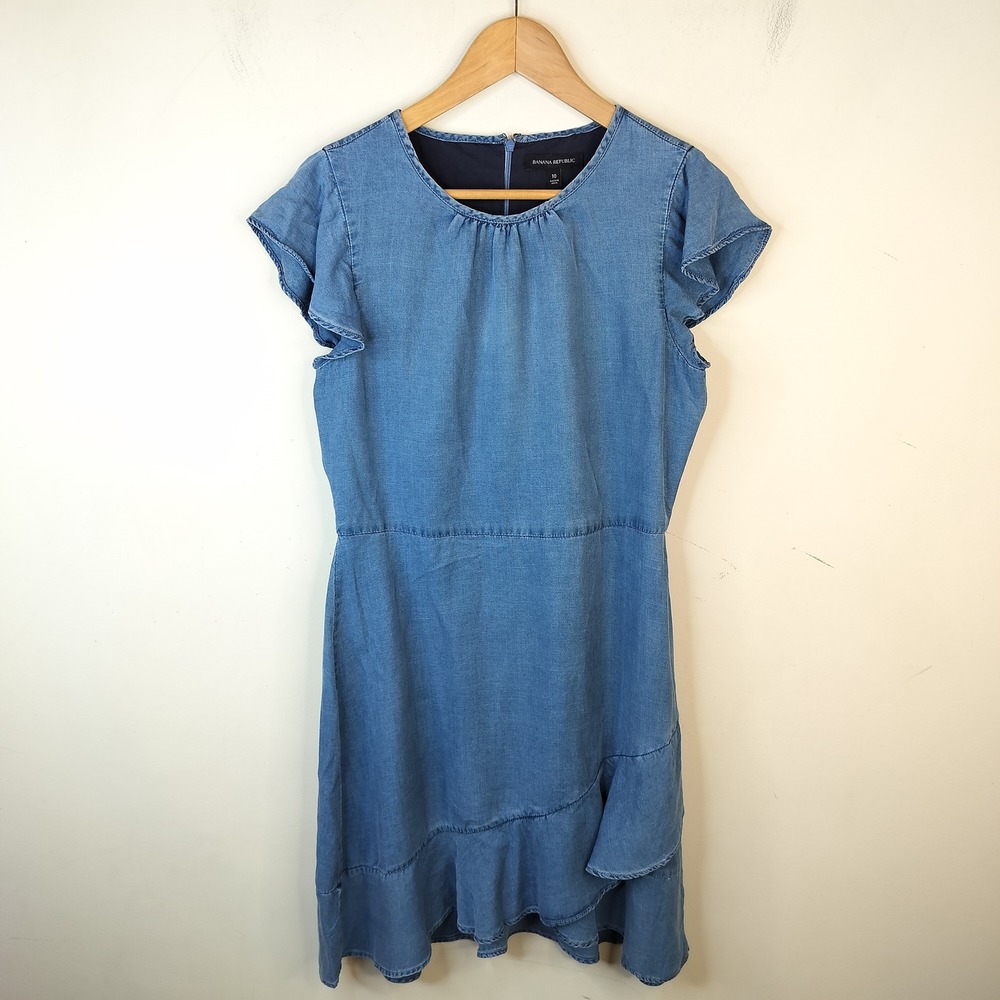 Banana Republic Chambray Dress Womens 10 Ruffle Flounce Hem Cap Sleeve